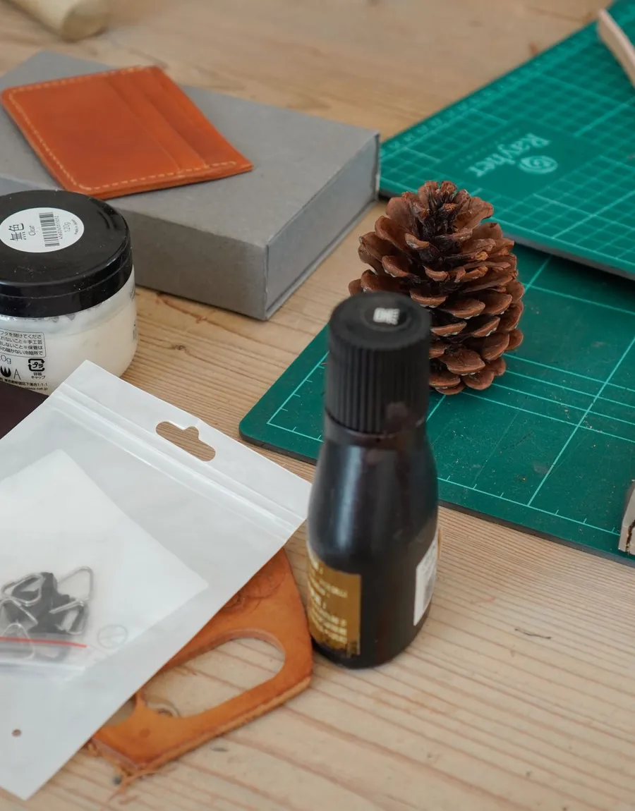 Leather tools and materials prepared for a workshop project
