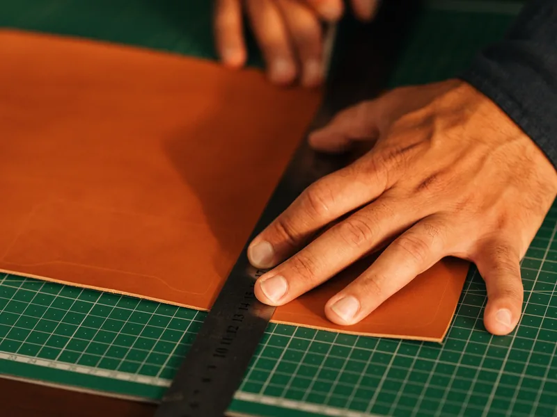 Hands cutting brown leather precisely along a ruler